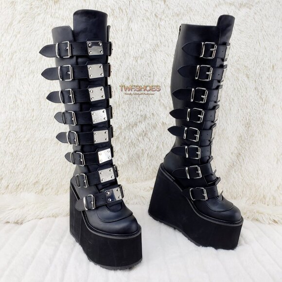 Trinity Swing Black Goth Platform Wedge Knee Boots